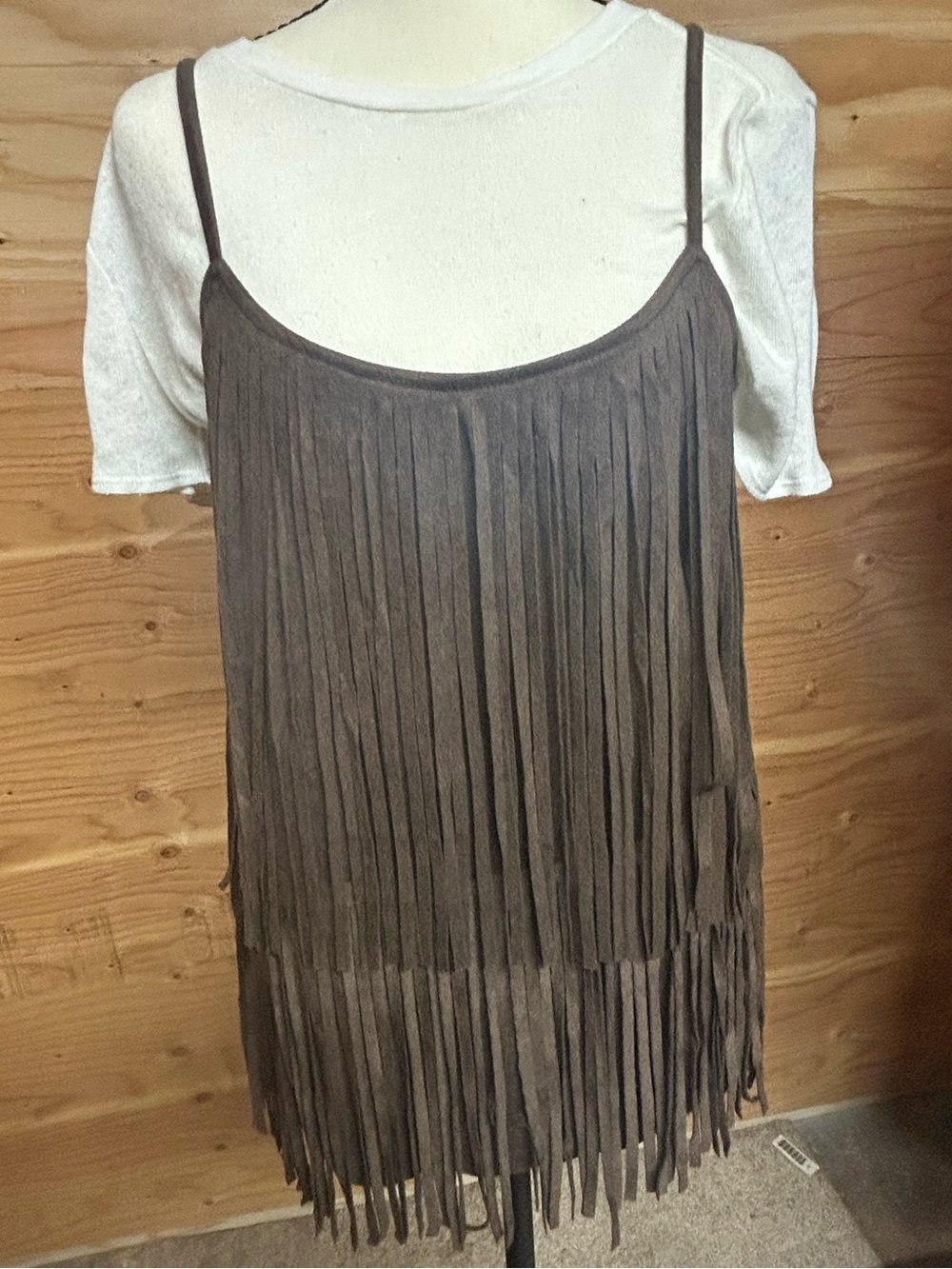 Vocal Brown Suede-Effect Fringe Tank
